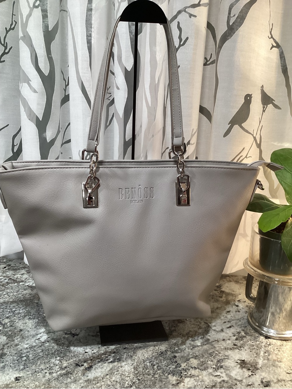 Gray Leather-Effect Tote with Silver Hardware